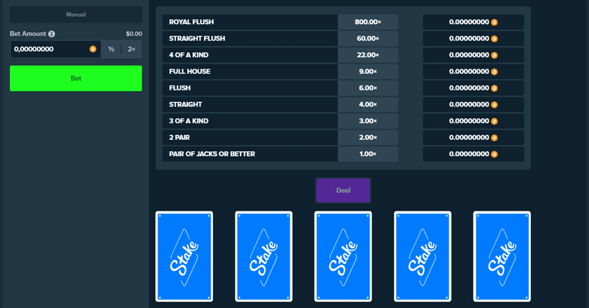 Bitcoin Video Poker game at Stake.com