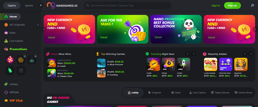 Nanogames.io new main page