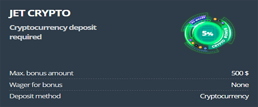 Jet Casino %5 Crypto Deposit Promotion up to $500
