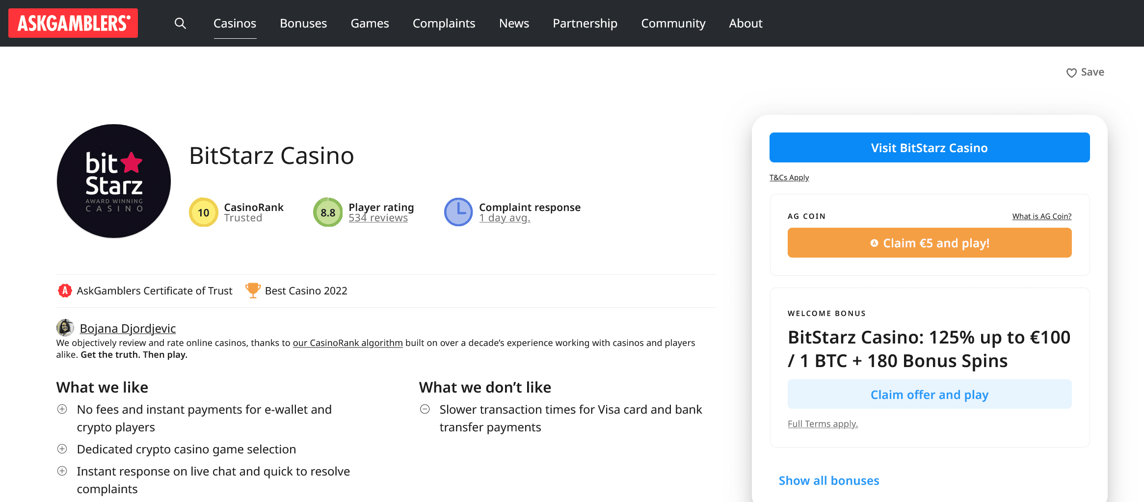 Askgamblers BitStarz rating